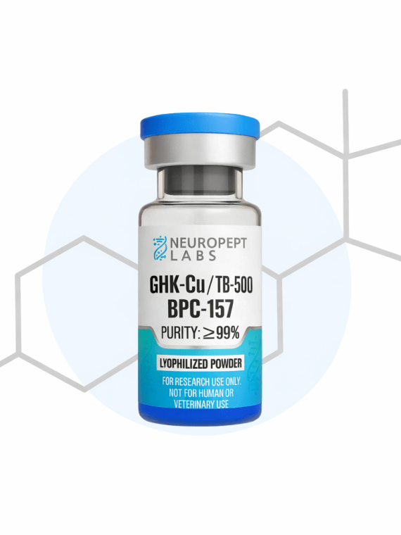 GHK-Cu TB-500 BPC-157 70mg research peptide blend lyophilized powder in laboratory vial for in-vitro research use