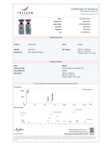 GLOW Blend 70mg (GHK-Cu / BPC-157 / TB-500) Certificate of Analysis, lot GTB-202601-01: 99.60% HPLC purity, Freedom Diagnostics