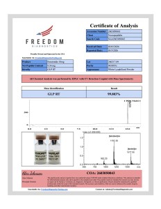 GLP-3RT 10mg (retatrutide) Certificate of Analysis, lot 260217-09: 99.80% HPLC purity, Freedom Diagnostics