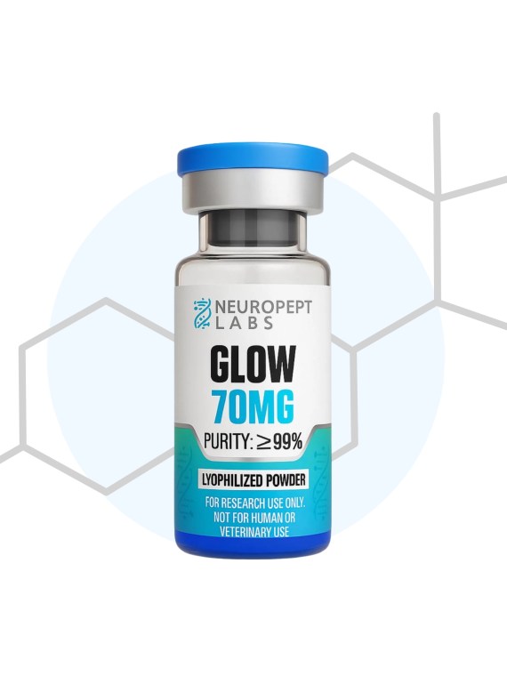 Glow Peptide 70mg research-grade peptide vial by NeuroPept Labs, lyophilized powder for laboratory research use only