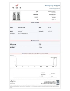 GLP-3RT 30mg (retatrutide) Certificate of Analysis, lot 260602-02: 99.77% HPLC purity, identity confirmed by LC-MS, Freedom Diagnostics