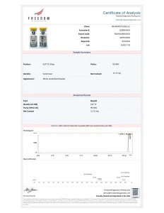 GLP-TZ 10mg (tirzepatide) Certificate of Analysis, lot 260517-02: 99.94% HPLC purity, Freedom Diagnostics