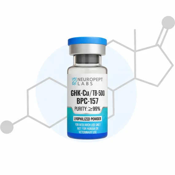 GLOW GHK-Cu TB-500 BPC-157 70mg research peptide blend lyophilized powder in laboratory vial for in-vitro research use